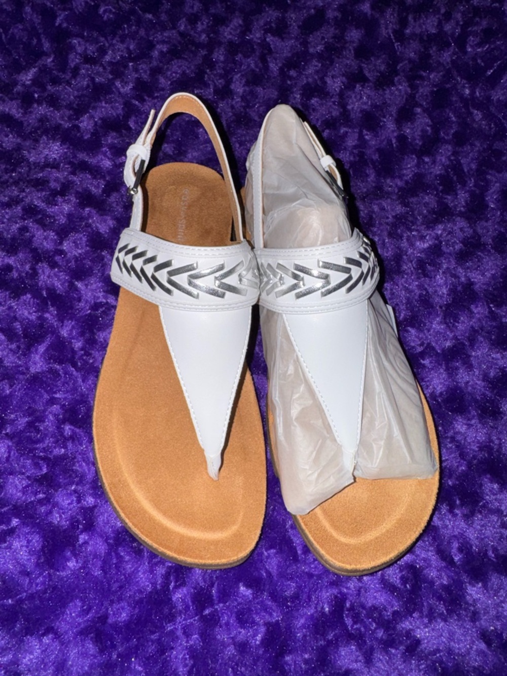 Easy Spirit White Slingback Toe-Post Sandals with Silver Detail Wide Width